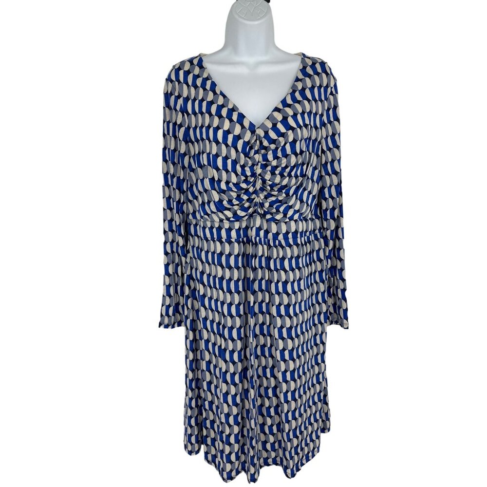 Boden Geometric Print Long Sleeve Ruched V-Neck Lined Sheath Dress Size 14R